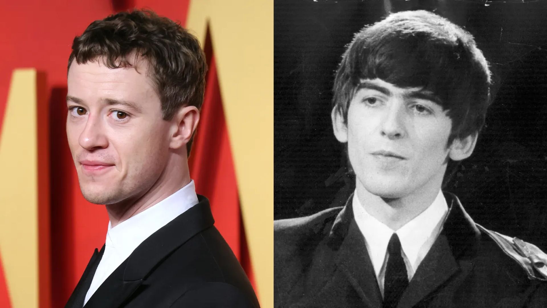 Collage of two photos: Joseph Quinn and young George Harrison