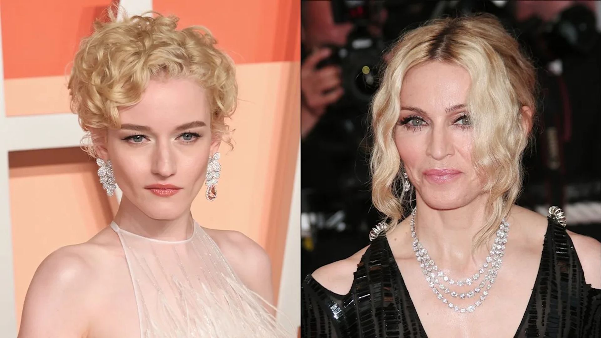 Collage of two photos: Julia Garner on the left, singer Madonna on the right