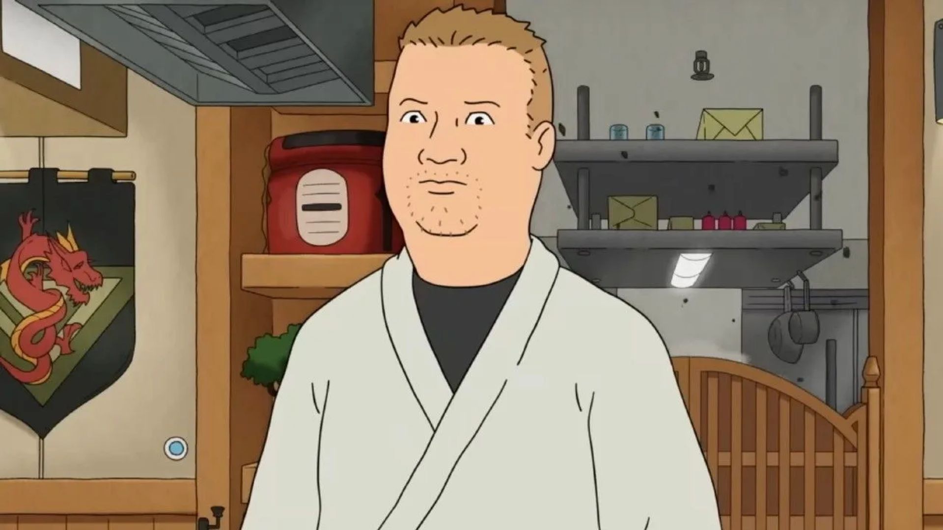 A scene from the animated series King of the Hill featuring adult Bobby Hill in a bathrobe