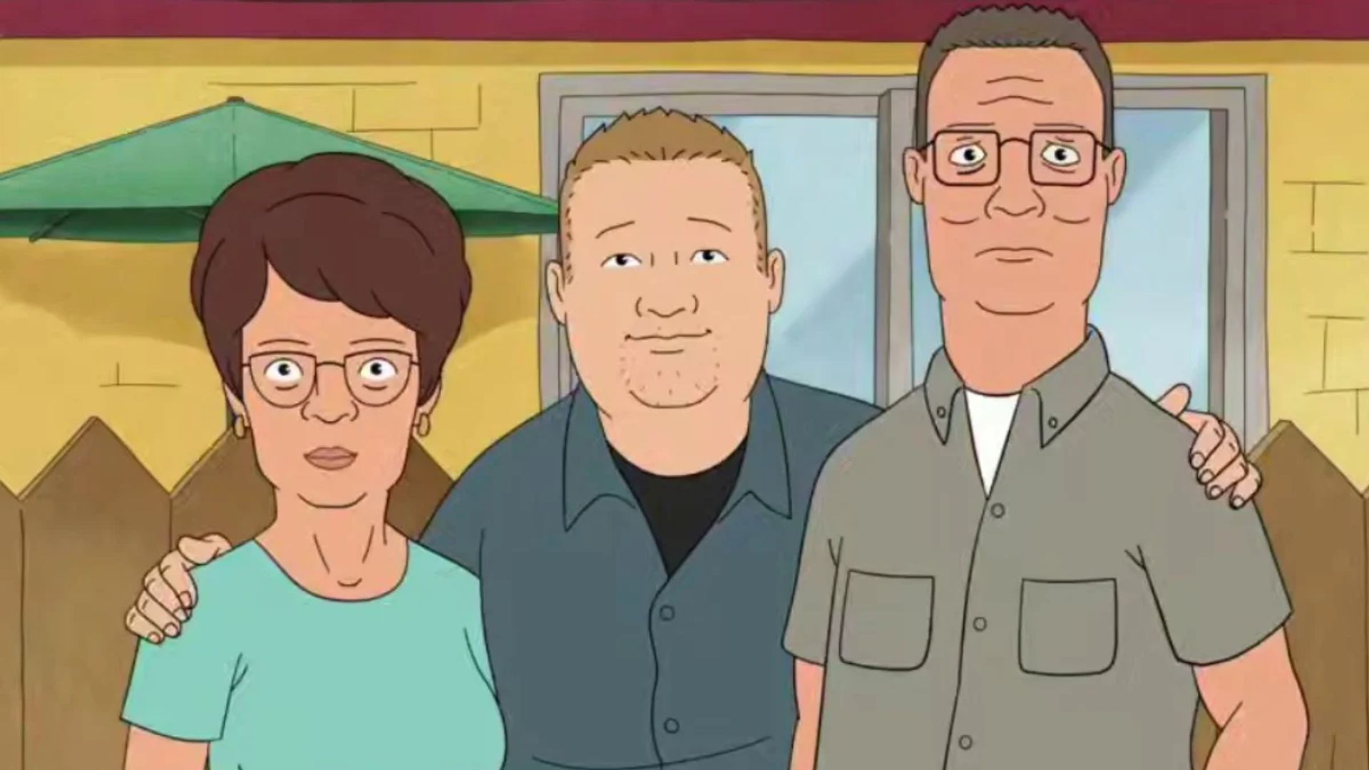 Scene from the animated series King of the Hill, Hank, Bobby and Peggy Hill embracing