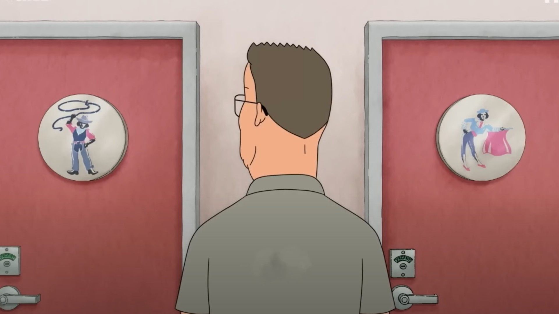 A scene from the animated series King of the Hill showing Hank Hill choosing which bathroom stall to use