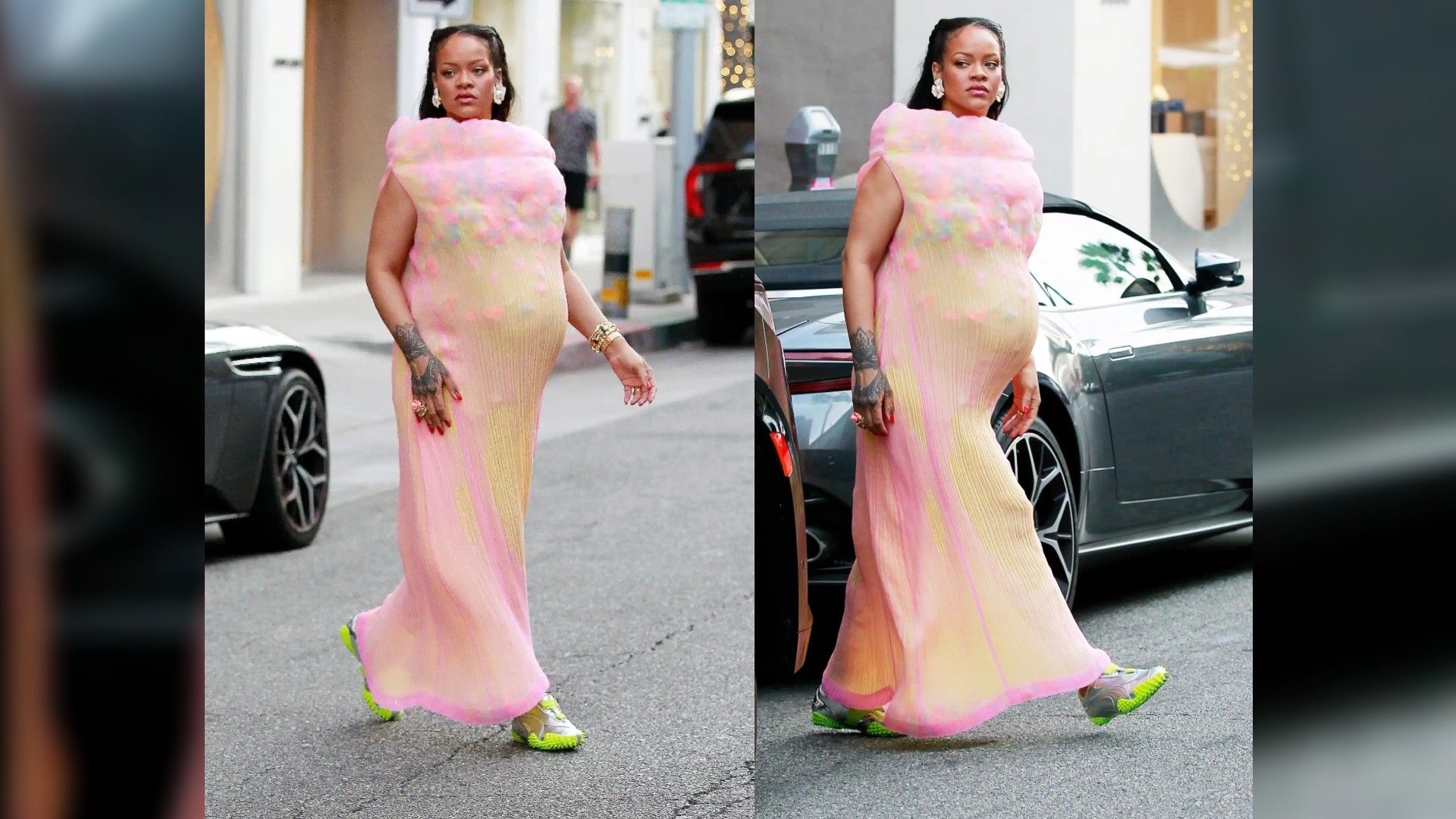 Pregnant Rihanna in an unusual pink dress and sneakers walking down the street