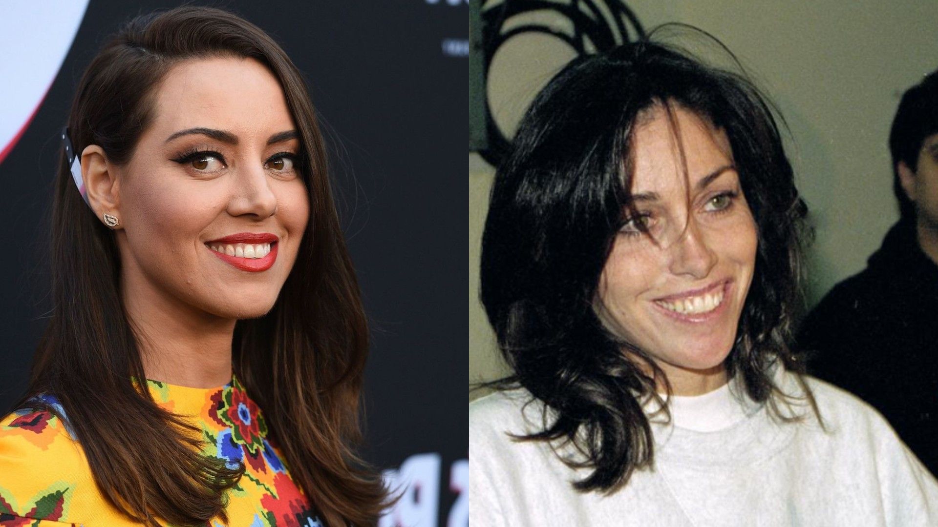 Collage of two photos: on the left, smiling actress Aubrey Plaza, on the right, Heidi Fleiss