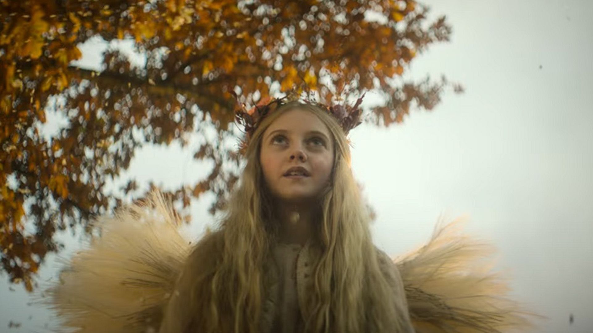 Evie Templeton with wings made of hay and wearing a crown of twigs against a backdrop of sky and autumn trees