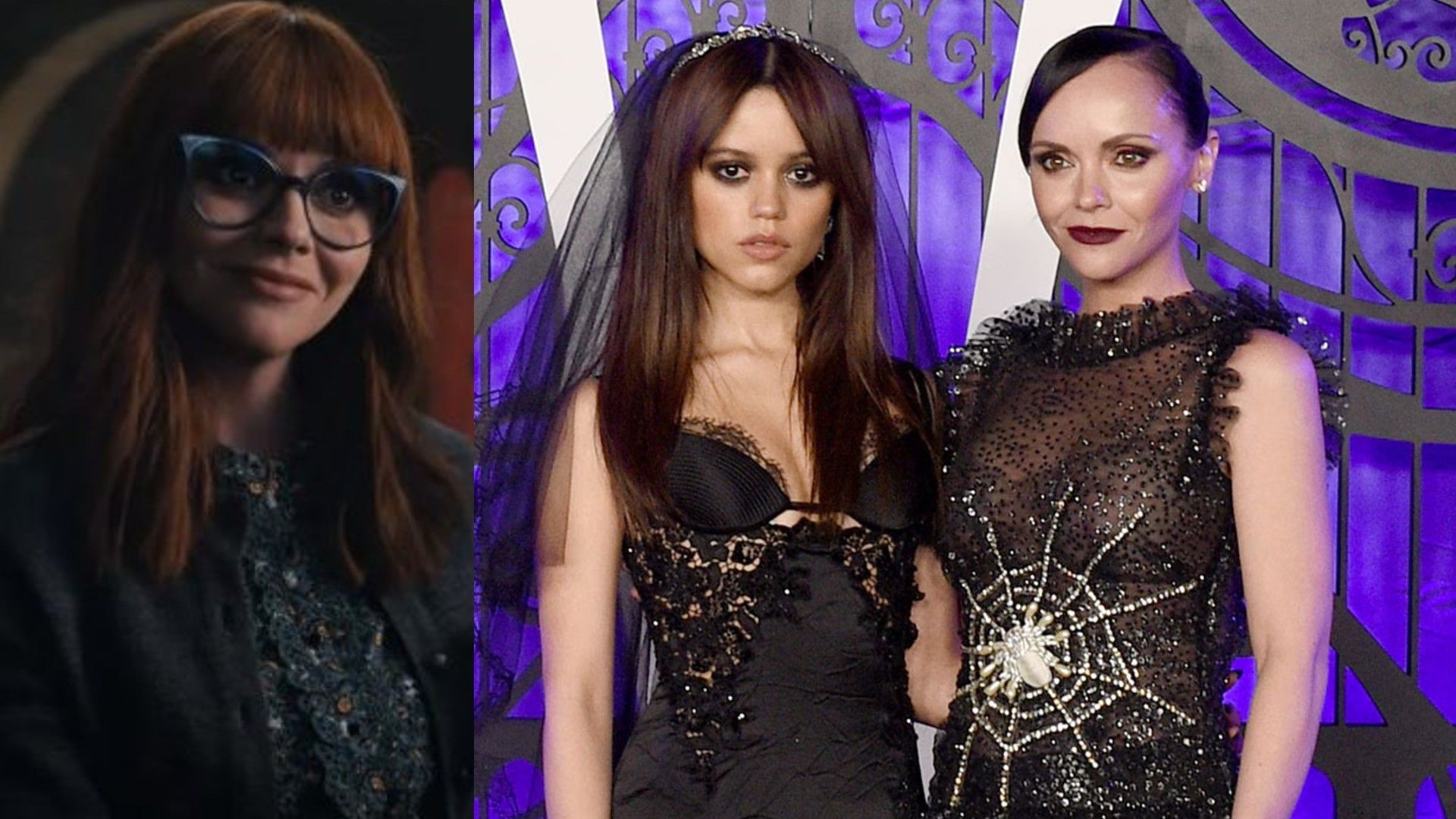 Christina Ricci wearing glasses with red hair and alongside Jenna Ortega in black outfits against a purple backdrop