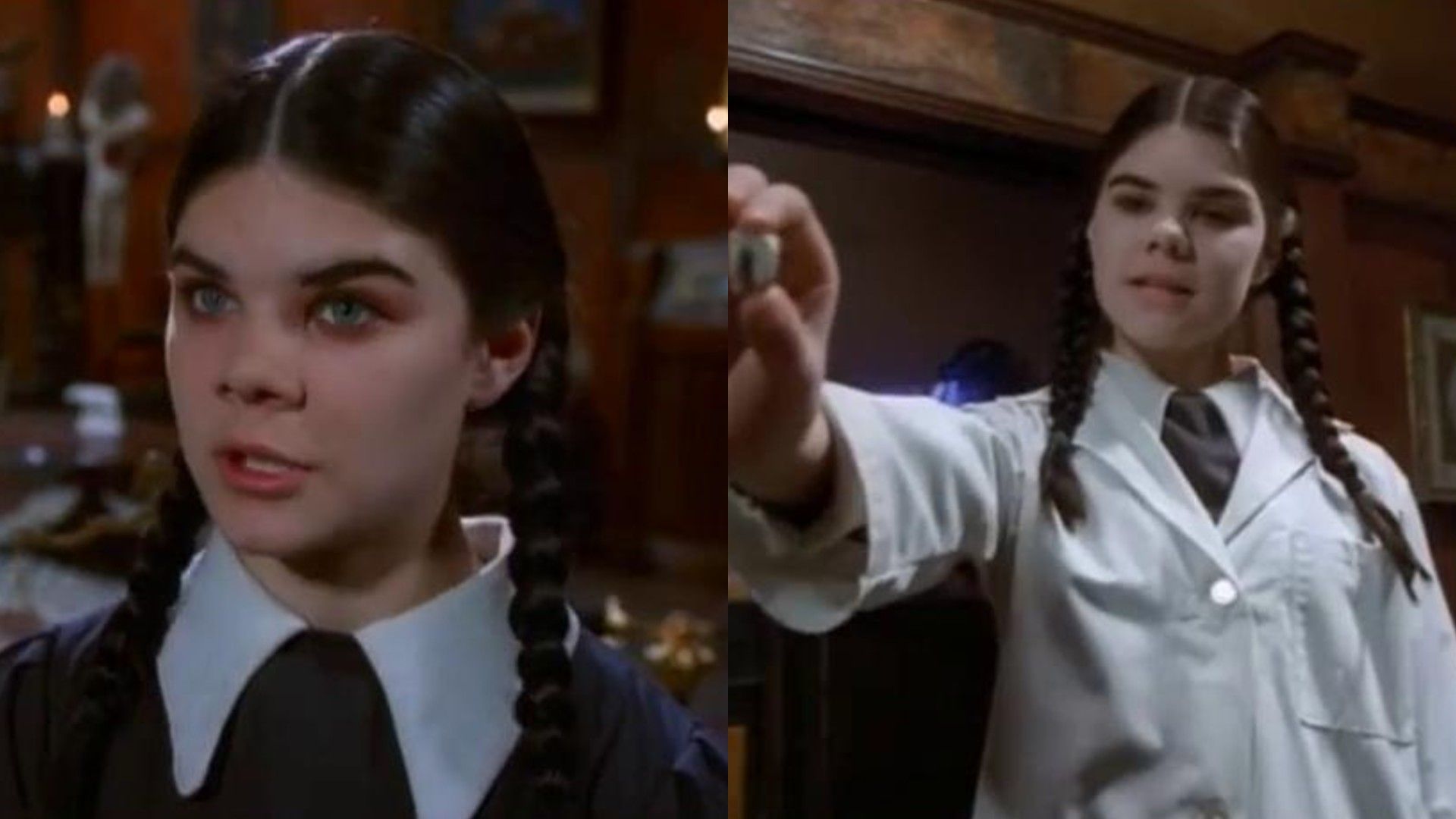 Nicole Fugere with dark braids in a black dress and white robe in scenes from the film