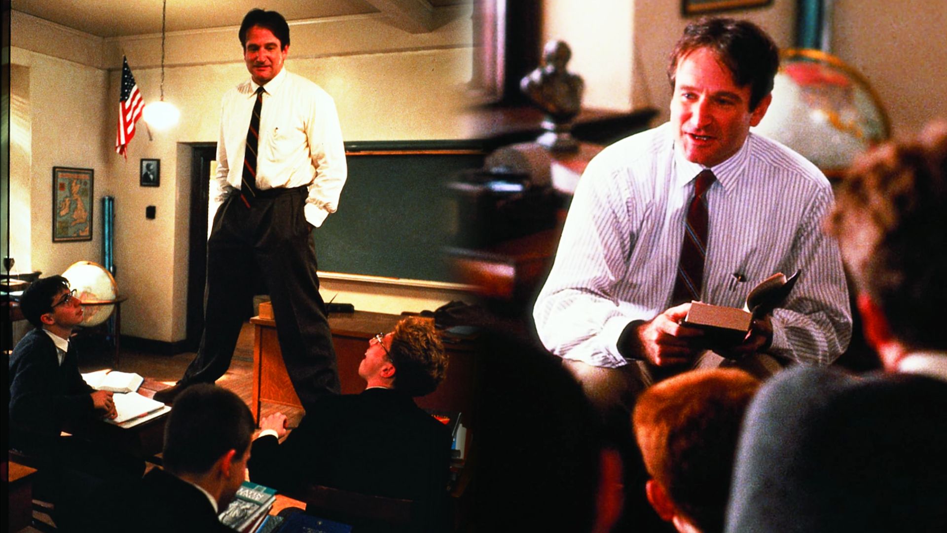 Actor Robin Williams in a white shirt and tie stands on a table, holding a book in his hands