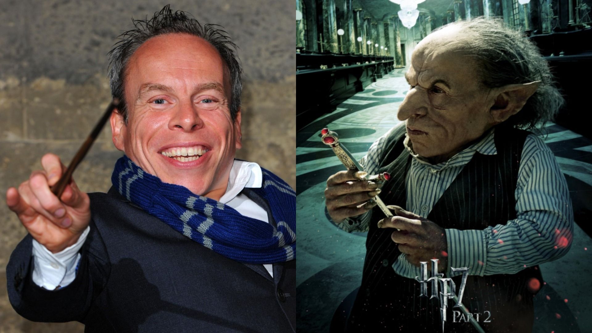 Actor Warwick Davis in a black jacket holding a wand, on the right he's in goblin makeup
