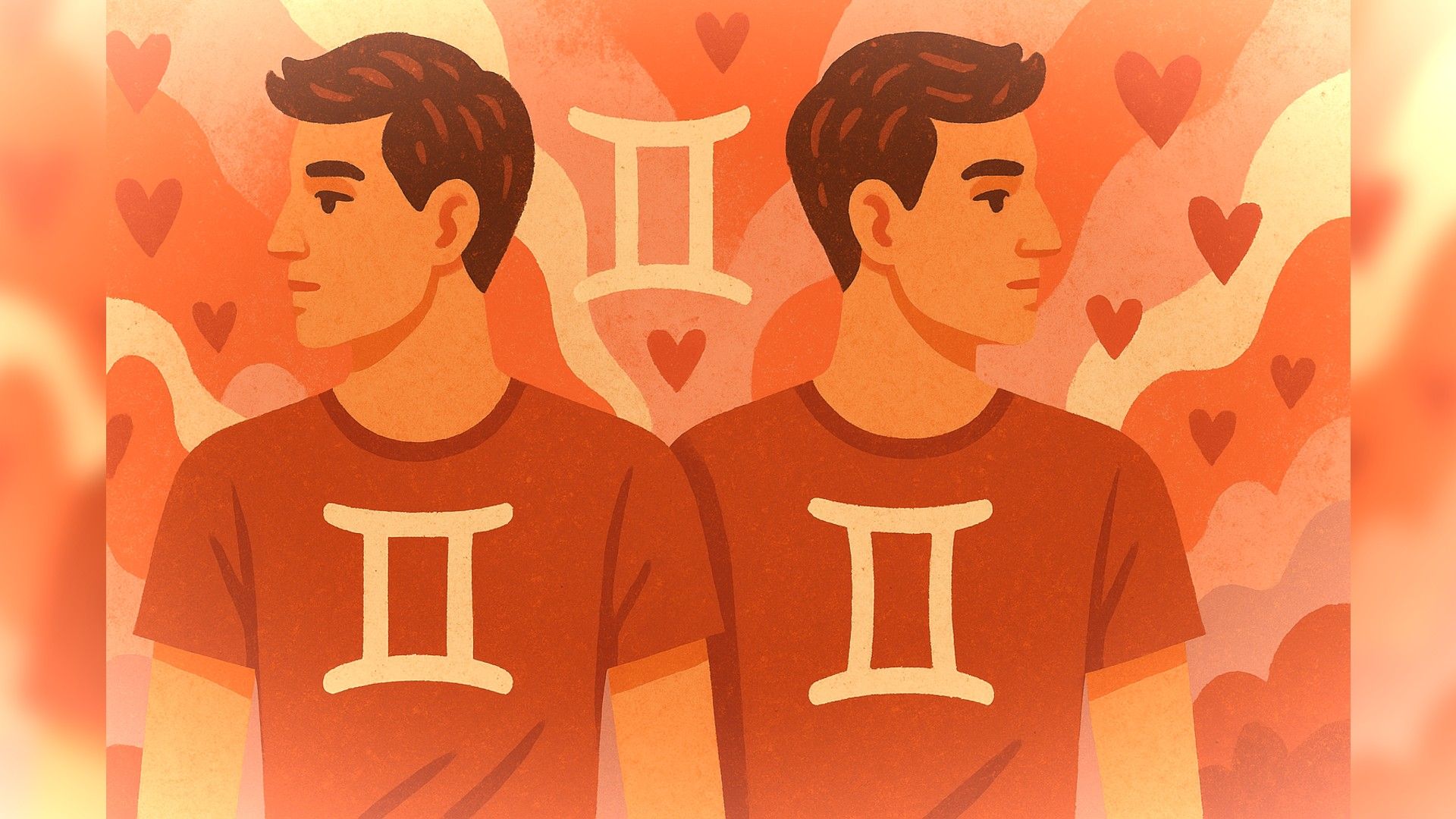 Gemini man, romantic atmosphere, cartoon style, orange palette