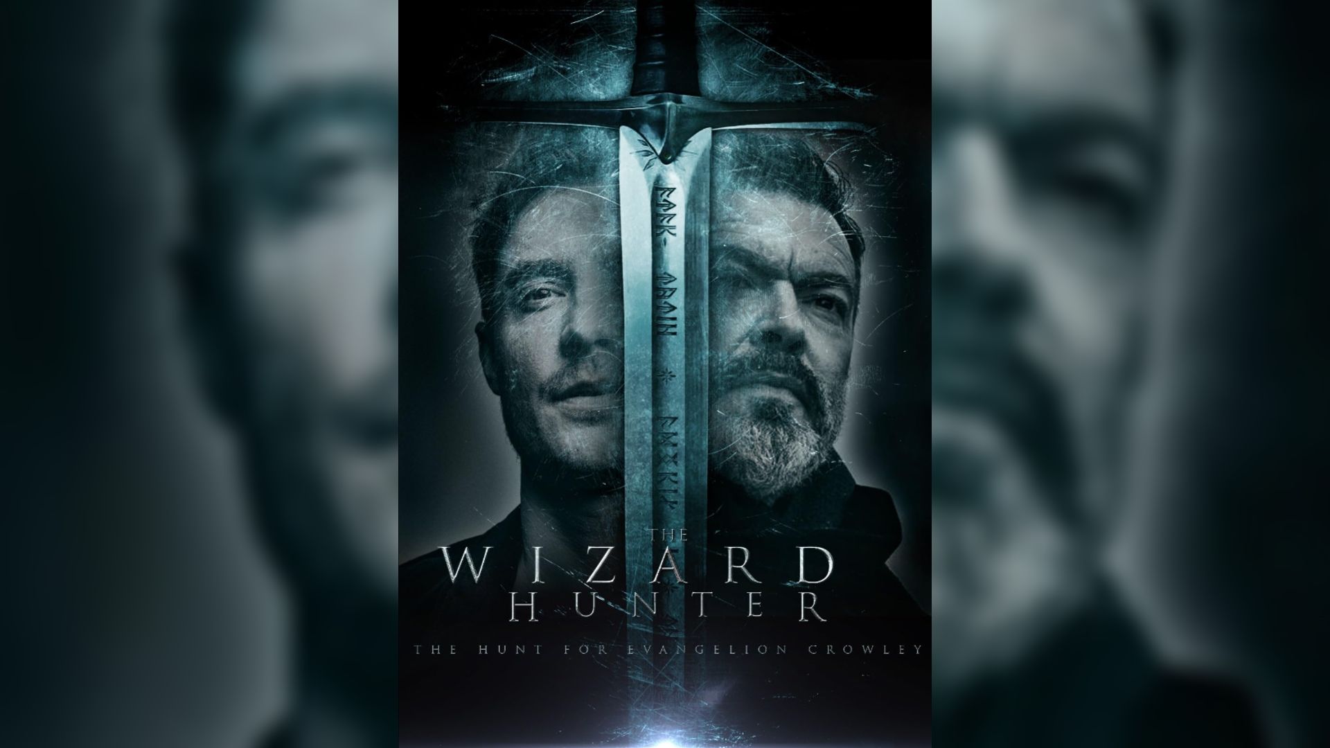 Two men stand behind a sword against a dark background