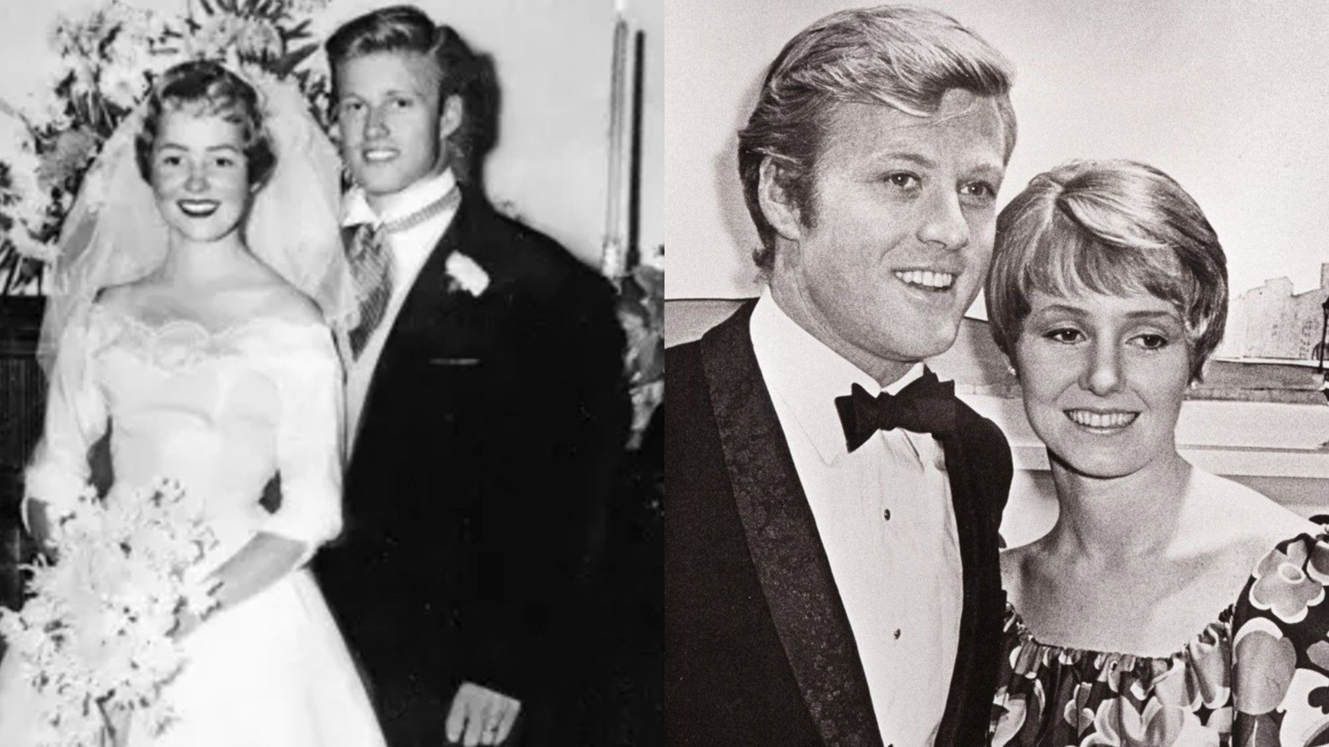 Robert Redford and Lola Van Wagenen, collage of two photos: wedding and later