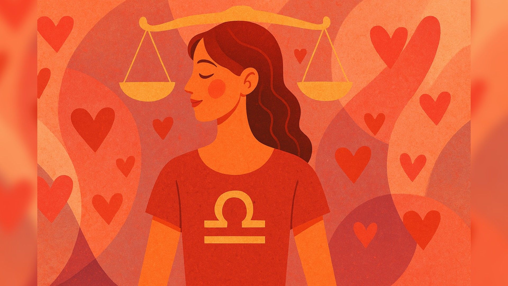 Libra woman, romantic atmosphere, orange-pink color palette
