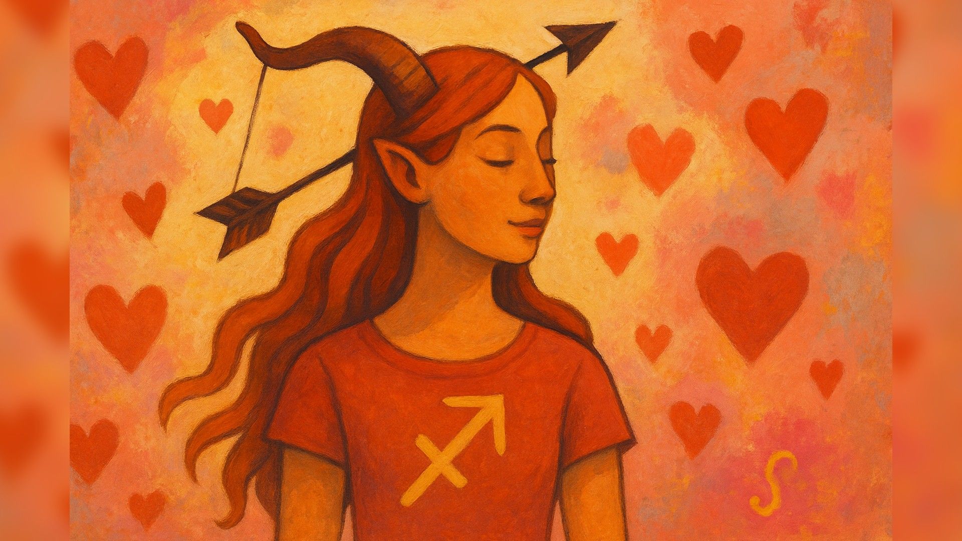 Sagittarius woman, romantic atmosphere, orange-red palette