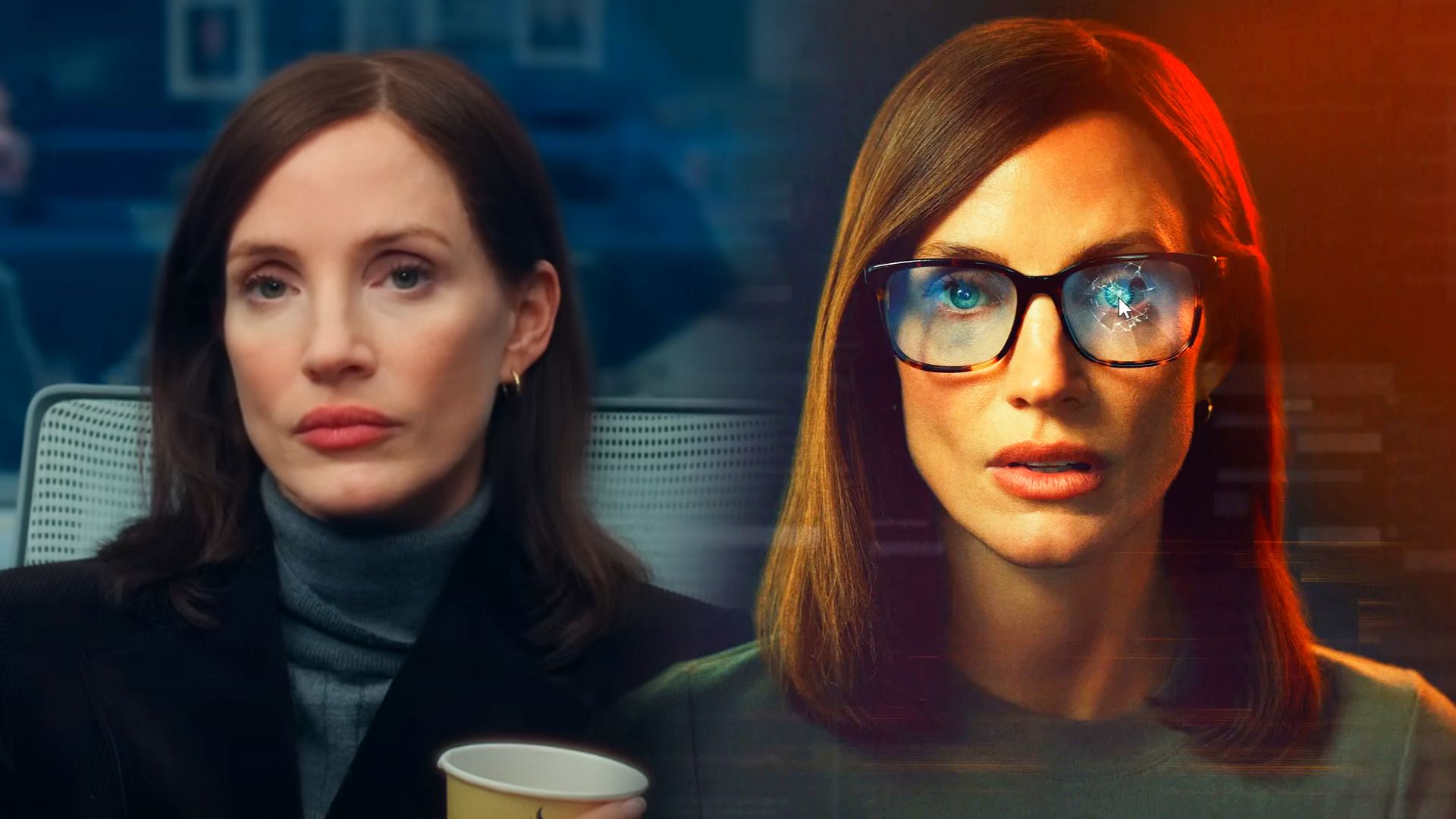 Actress Jessica Chastain in a black blazer and broken glasses looks into the camera