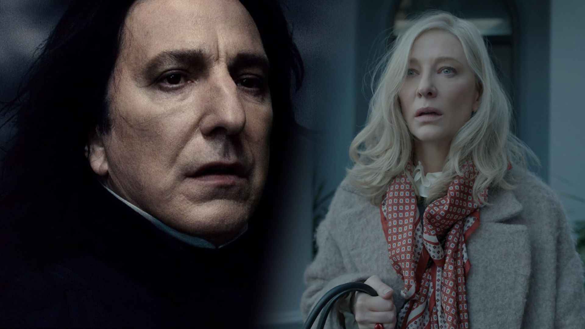 Actor Alan Rickman with black hair in a black cloak, Cate Blanchett in a gray coat