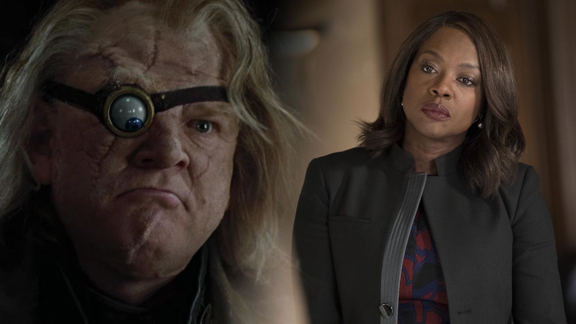 Actor Brendan Gleeson with prosthetic eye, Viola Davis in black blazer