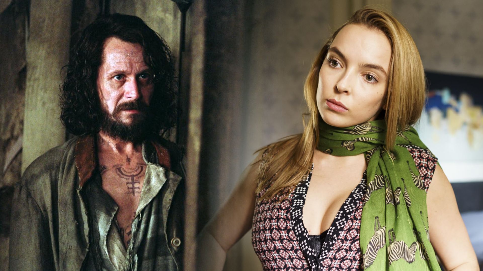 Actor Gary Oldman in rags, Jodie Comer in a pink vest with a scarf around her neck