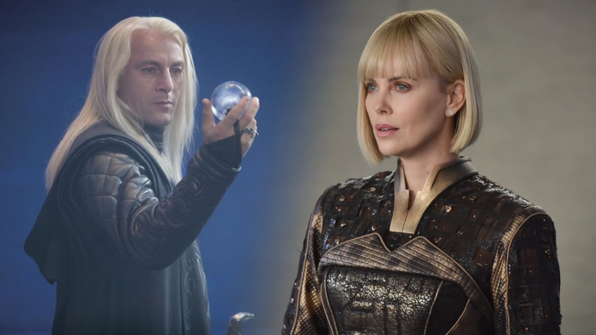 Actor Jason Isaacs with long white hair, Charlize Theron with white hair