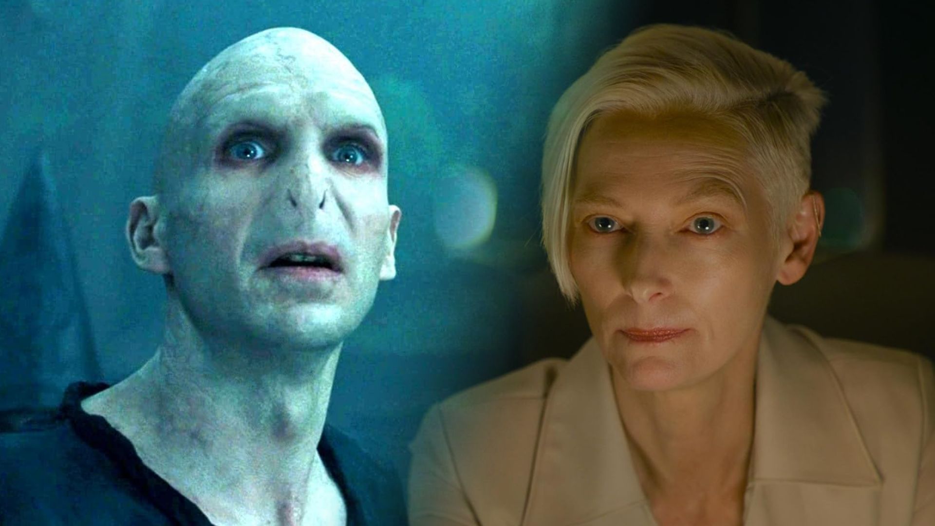 Actor Ralph Fiennes without a nose and with gray skin, actress Tilda Swinton with white hair and in a white blazer