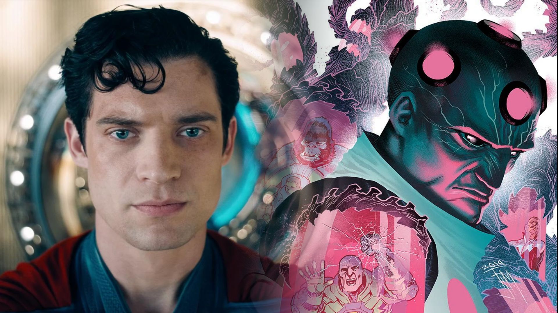 A man in a blue and red superhero costume, with a drawn humanoid figure with a pink head on the right