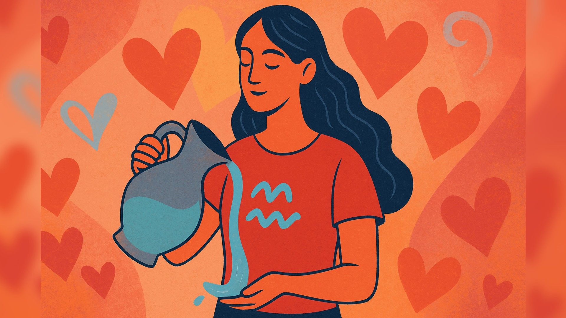 Aquarius woman, romantic atmosphere, orange-blue color palette