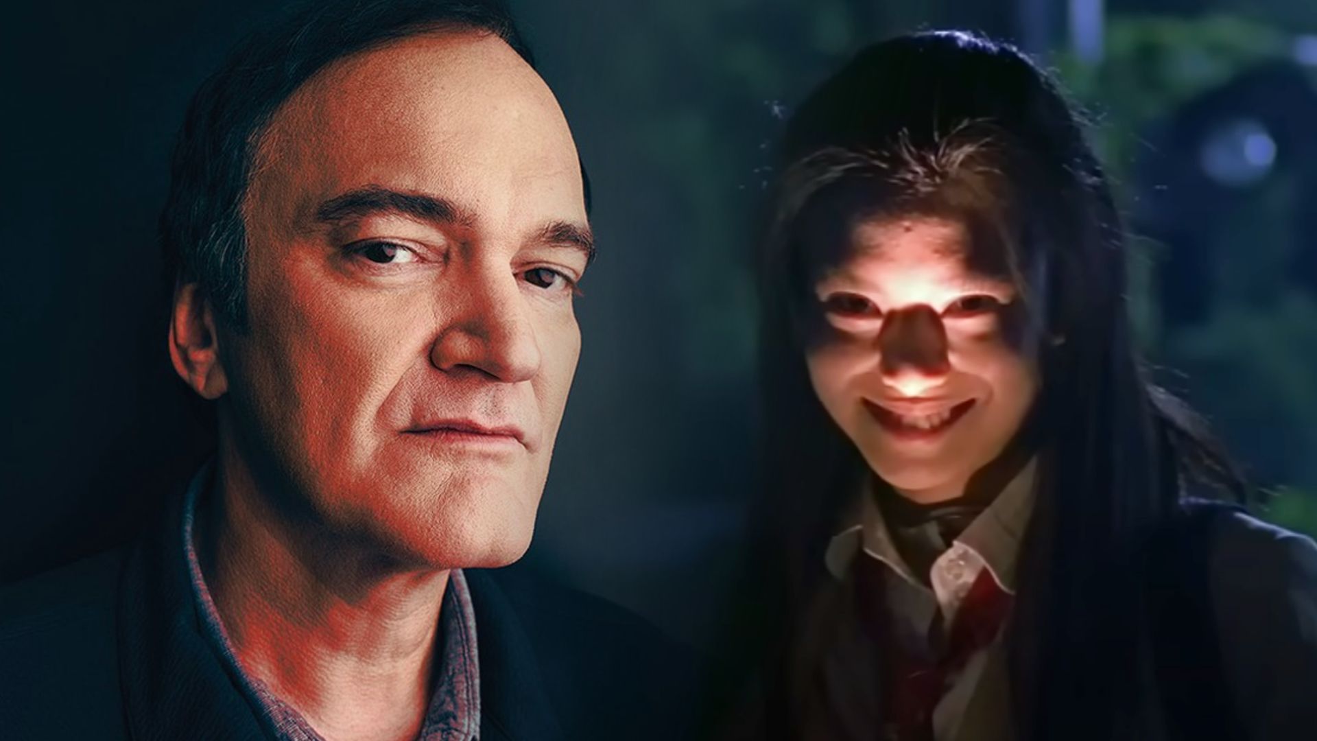 Director Quentin Tarantino in a black jacket, Japanese woman in school uniform on the right