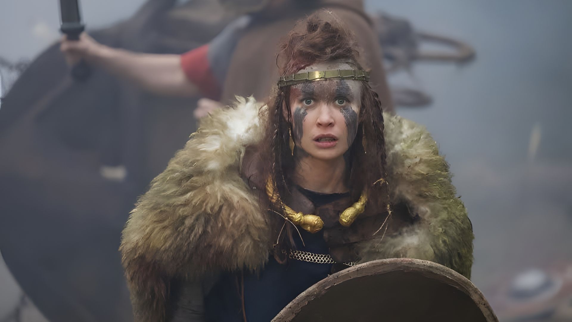 Olga Kurylenko in Celtic queen makeup and costume