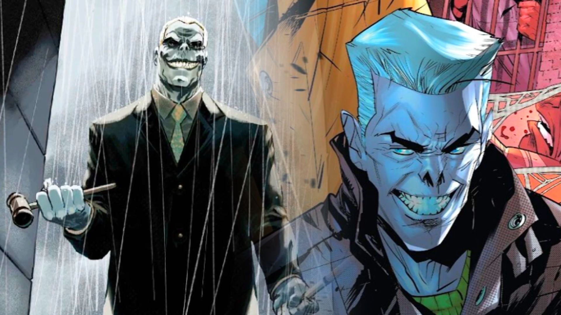 A drawn man with gray skin in a black suit smiles menacingly