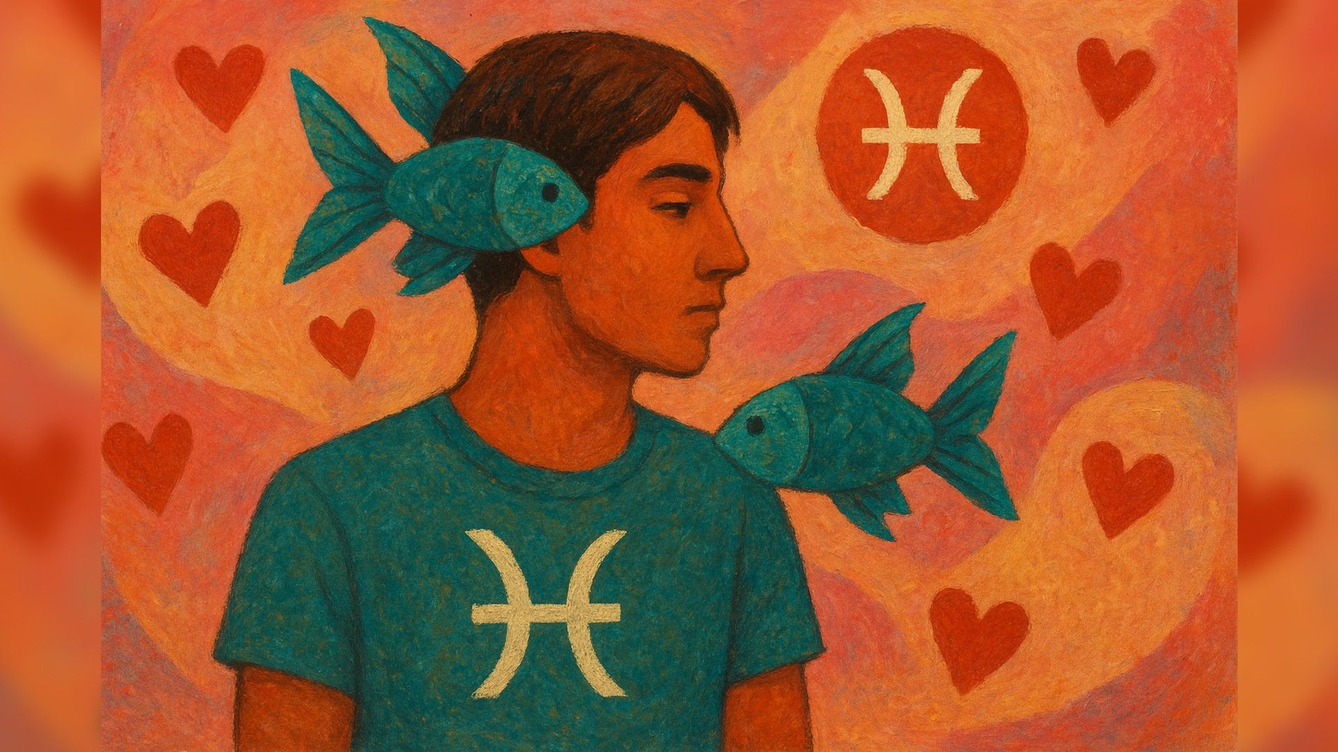 Pisces man, romantic atmosphere, orange-green color palette