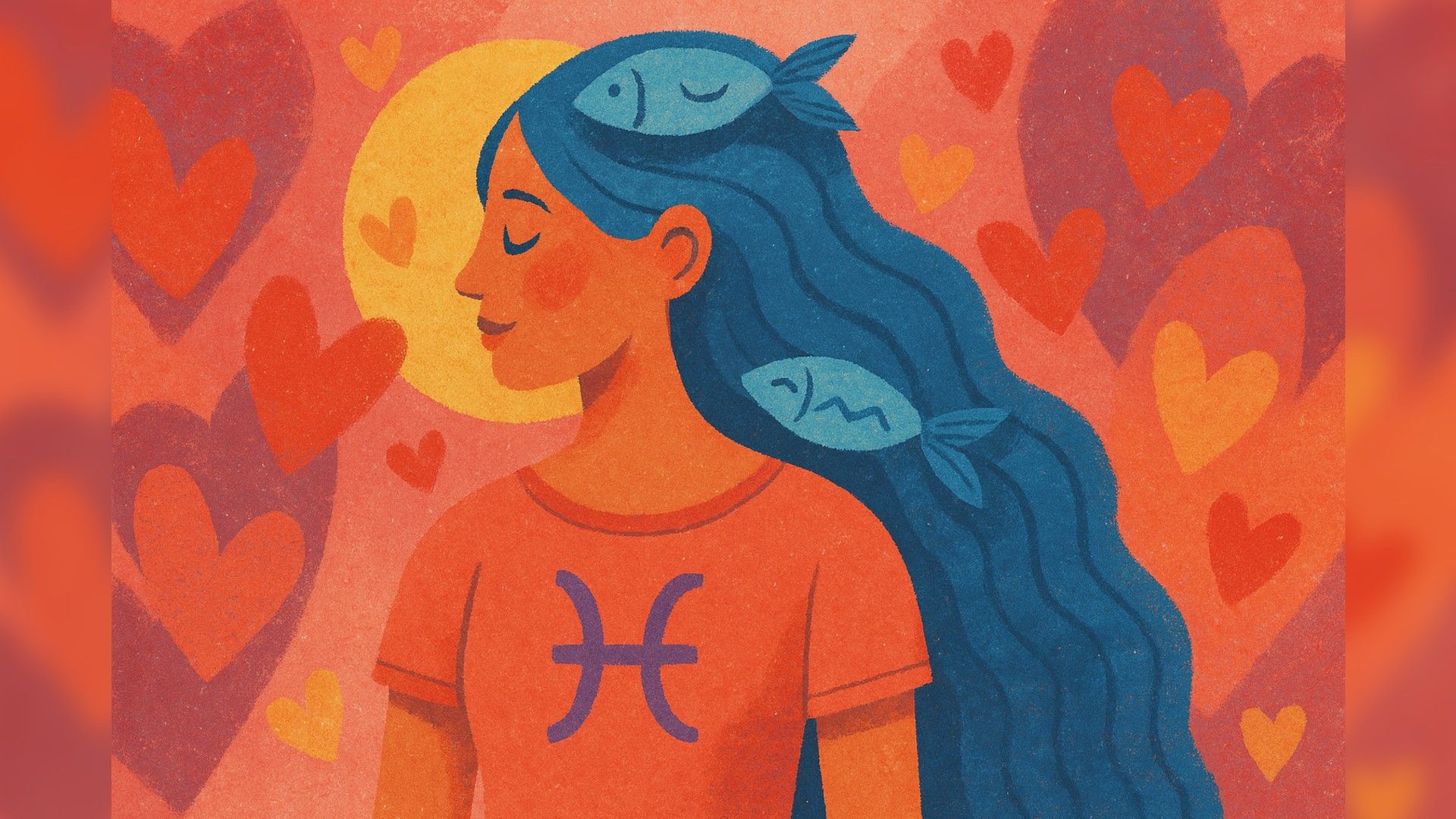 Pisces woman, romantic atmosphere, orange-blue color palette