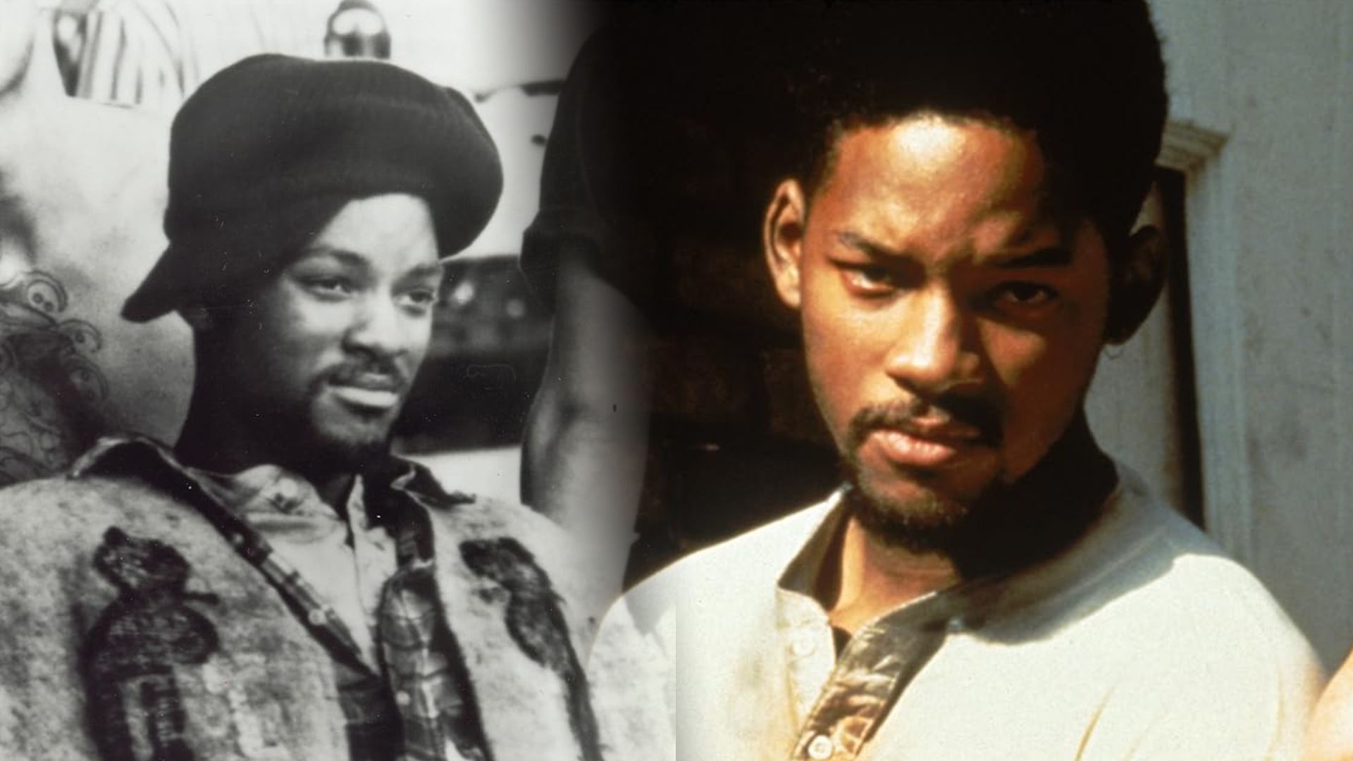 Actor Will Smith in a large cap and white polo shirt looks at the camera