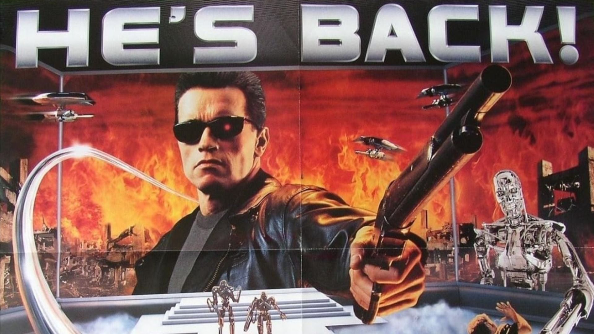Movie poster featuring Arnold Schwarzenegger in a leather jacket holding a shotgun