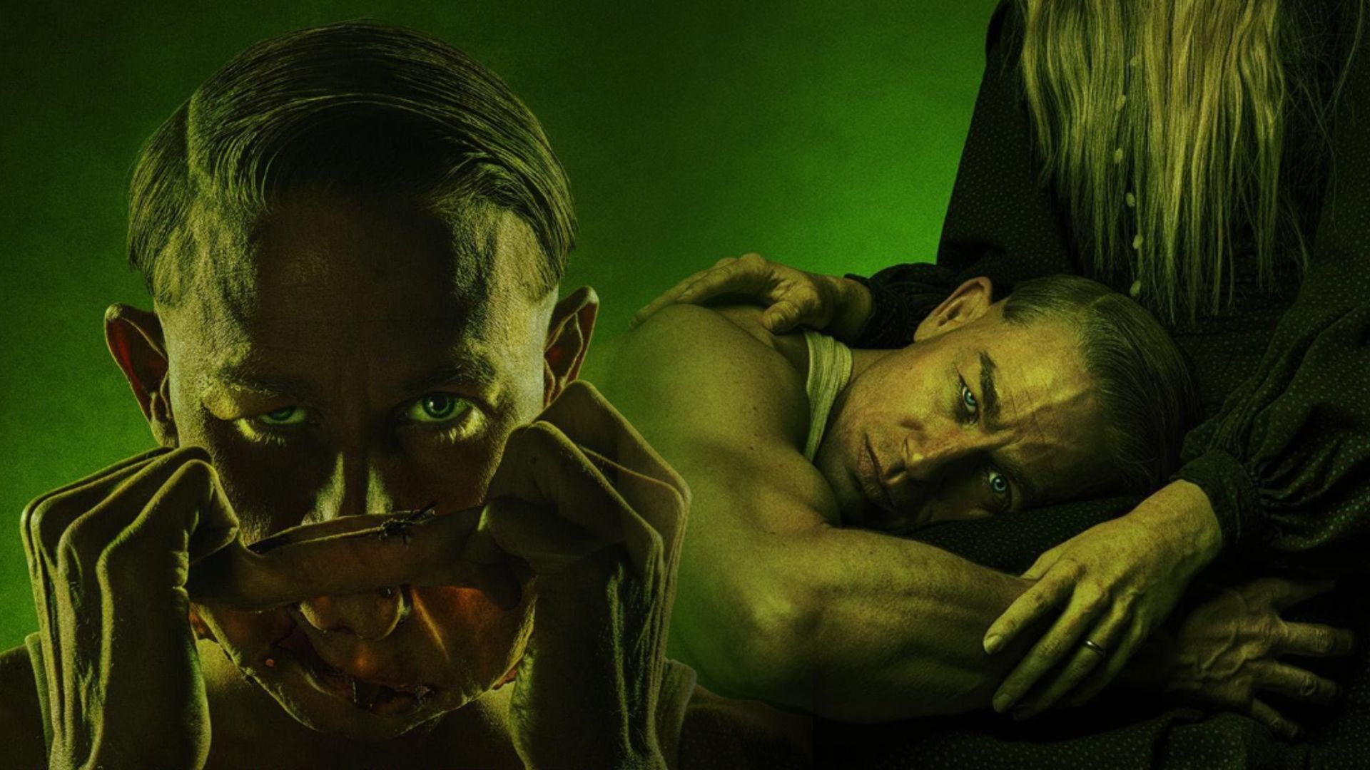 A man removes a leather mask from his face, on the right he lies on a woman's knees