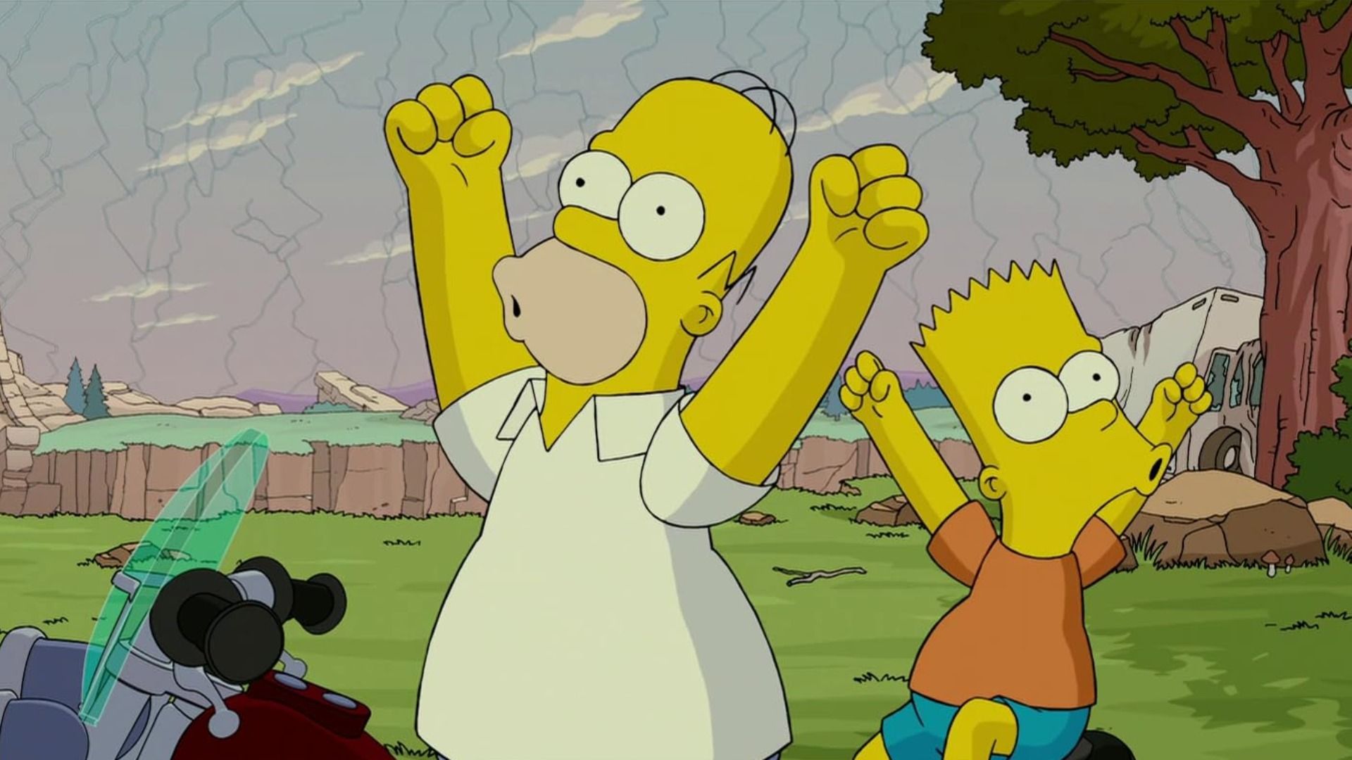 Cartoon man and boy celebrating with hands raised above their heads