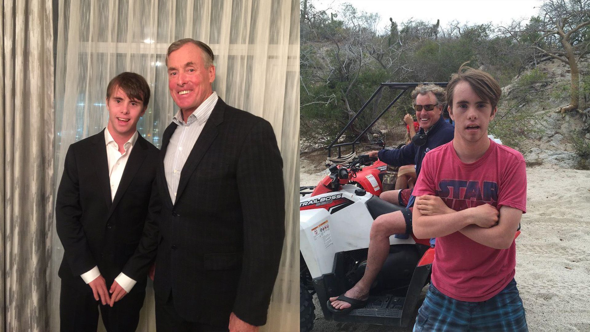 Collage: John C. McGinley and his son Max in blazers; John C. McGinley with his son Max on vacation