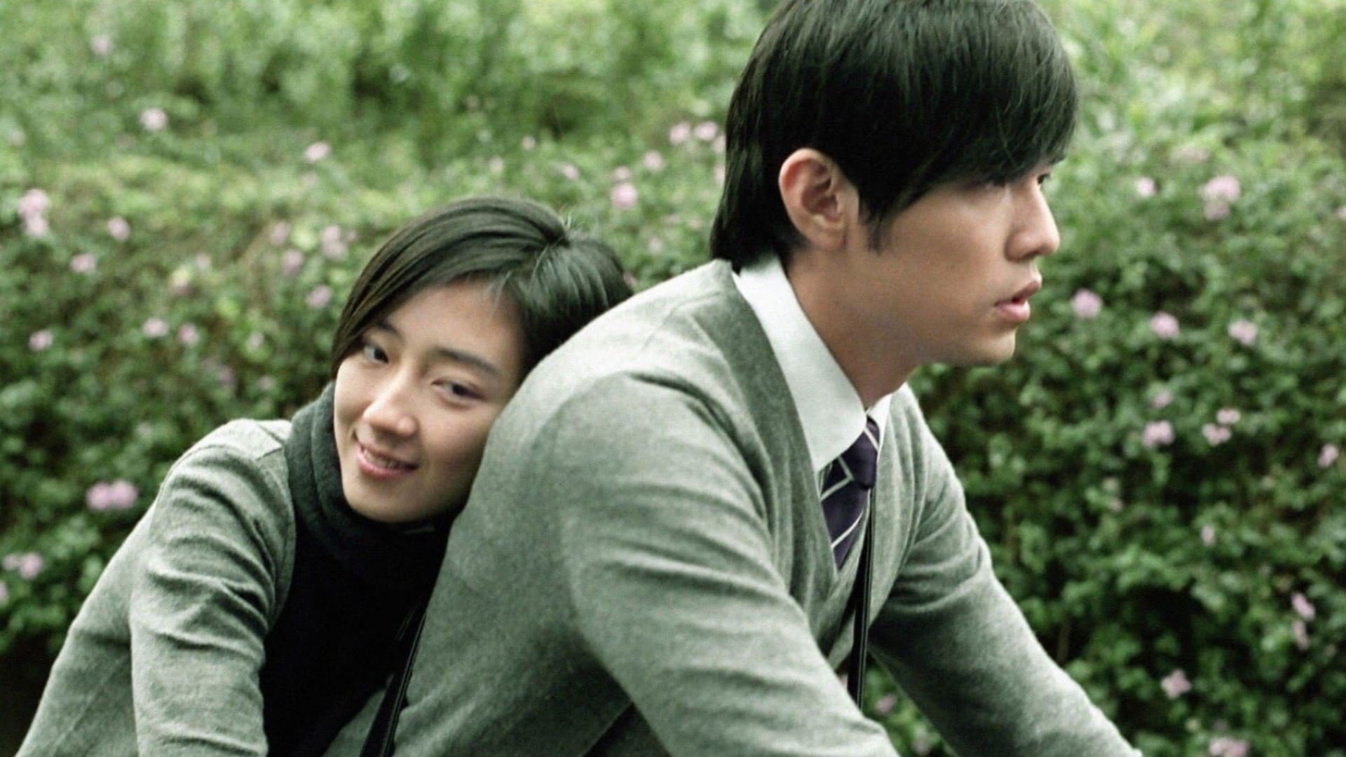 A girl in gray clothing hugs a young man in gray clothing against a grass background