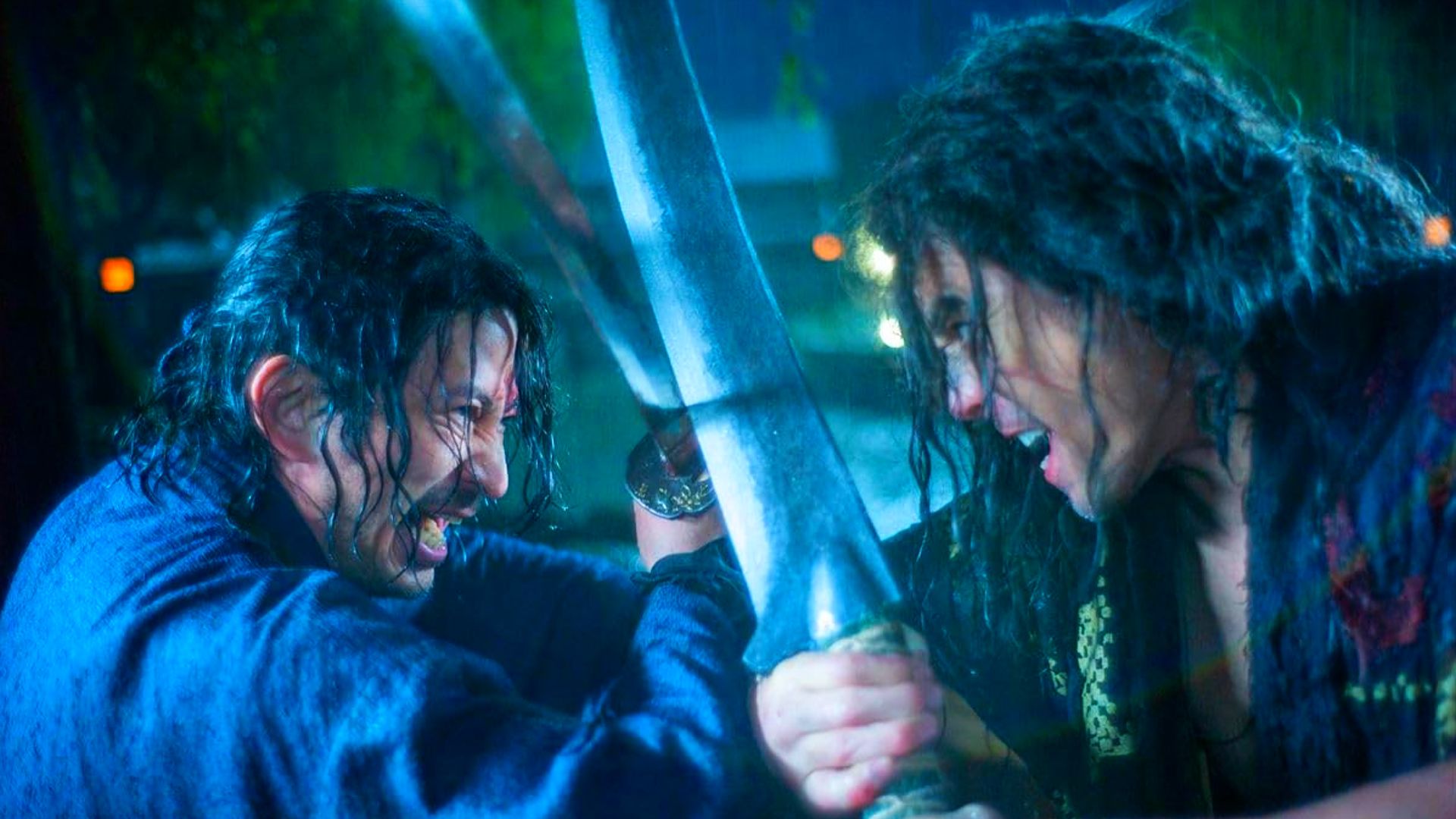 Two Japanese men in traditional clothing holding swords shouting at each other