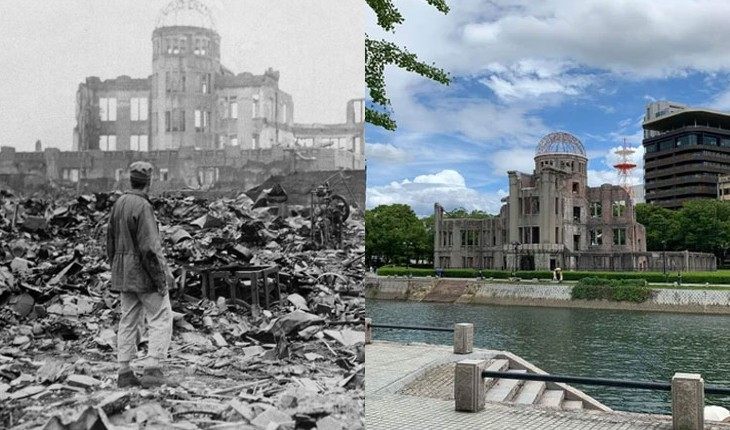 Hiroshima Peace Memorial after explosion and 75 years after