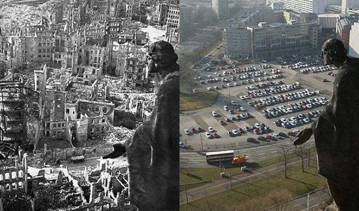 Dresden after bombing in 1945 and now