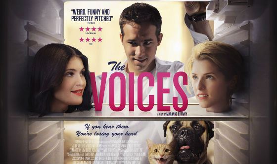 A poster of The Voices with Anna Kendrick and Ryan Reynolds in the Lead