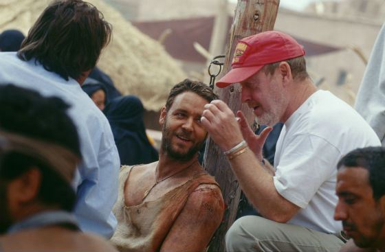 Ridley Scott and Russell Crowe on the set of Gladiator